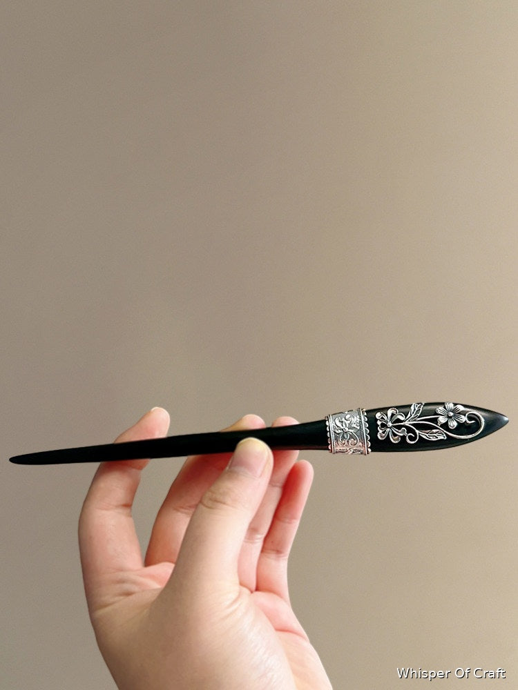 Black Floral Hair Stick with Silver Filigree – Elegant Vintage Hair Pin