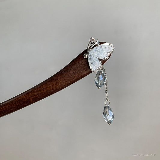 Crystal Butterfly Tassel Hairpin – Dark Wood Hair Stick with Dangle Charms