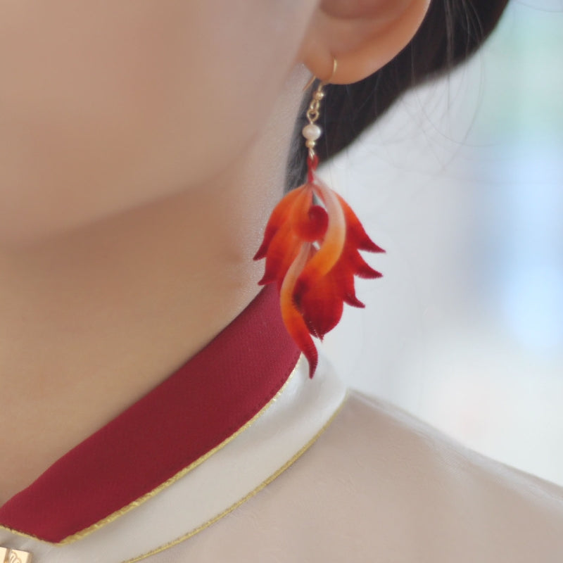 Flowing fox-tail drops earrings, worn styling view