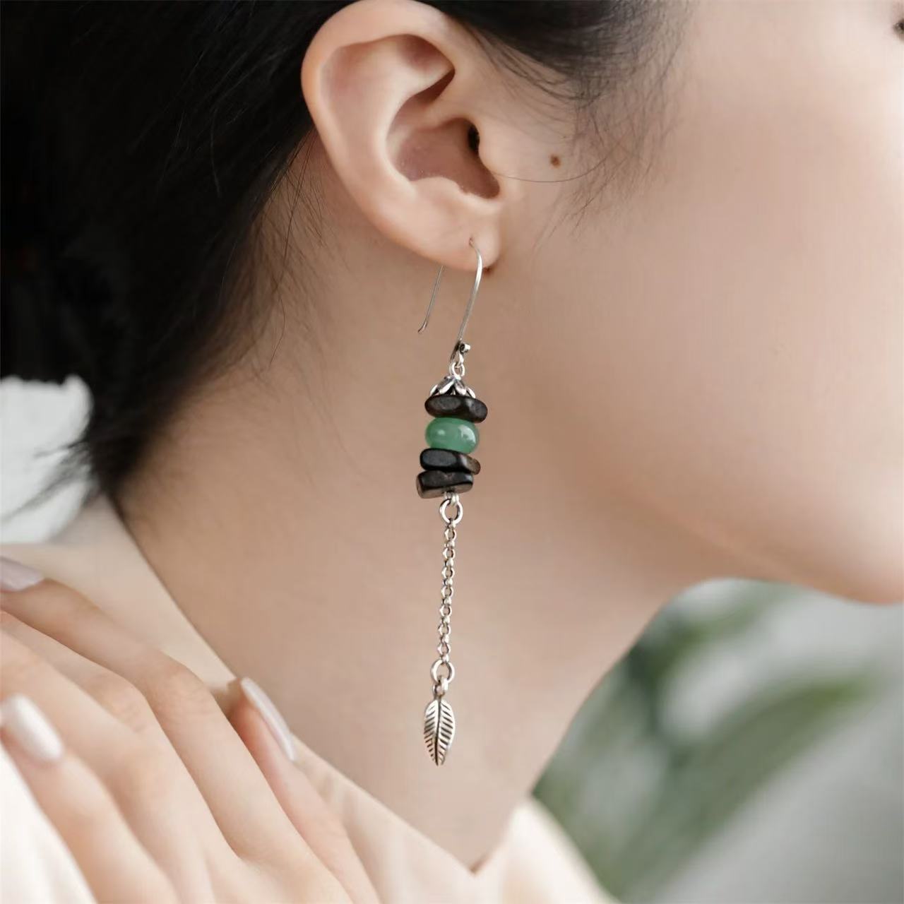 Asymmetrical Agarwood & Green Stone Leaf Drop Earrings