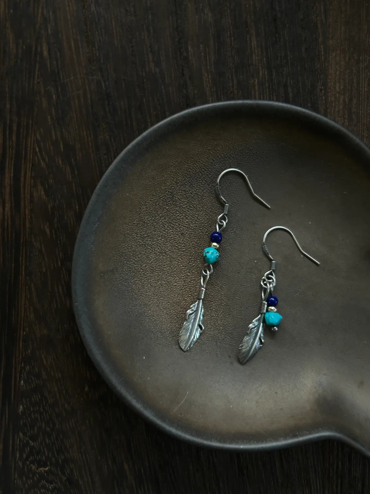 S925 Asymmetrical Feather Drop Earrings with Green Stone