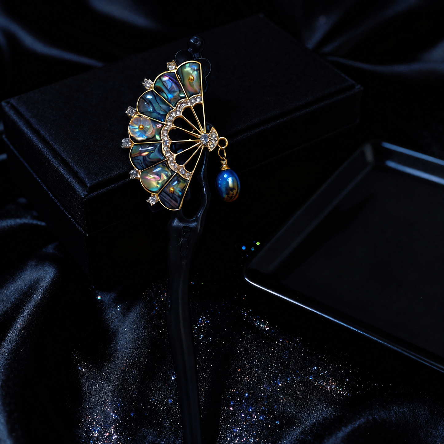 Iridescent Fan Hair Stick with Pendant