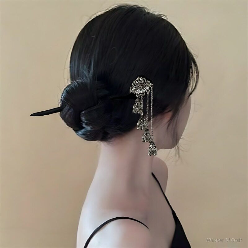 Silver Lotus Tassel Hairpin – Vintage Floral Hair Stick with Long Dangles