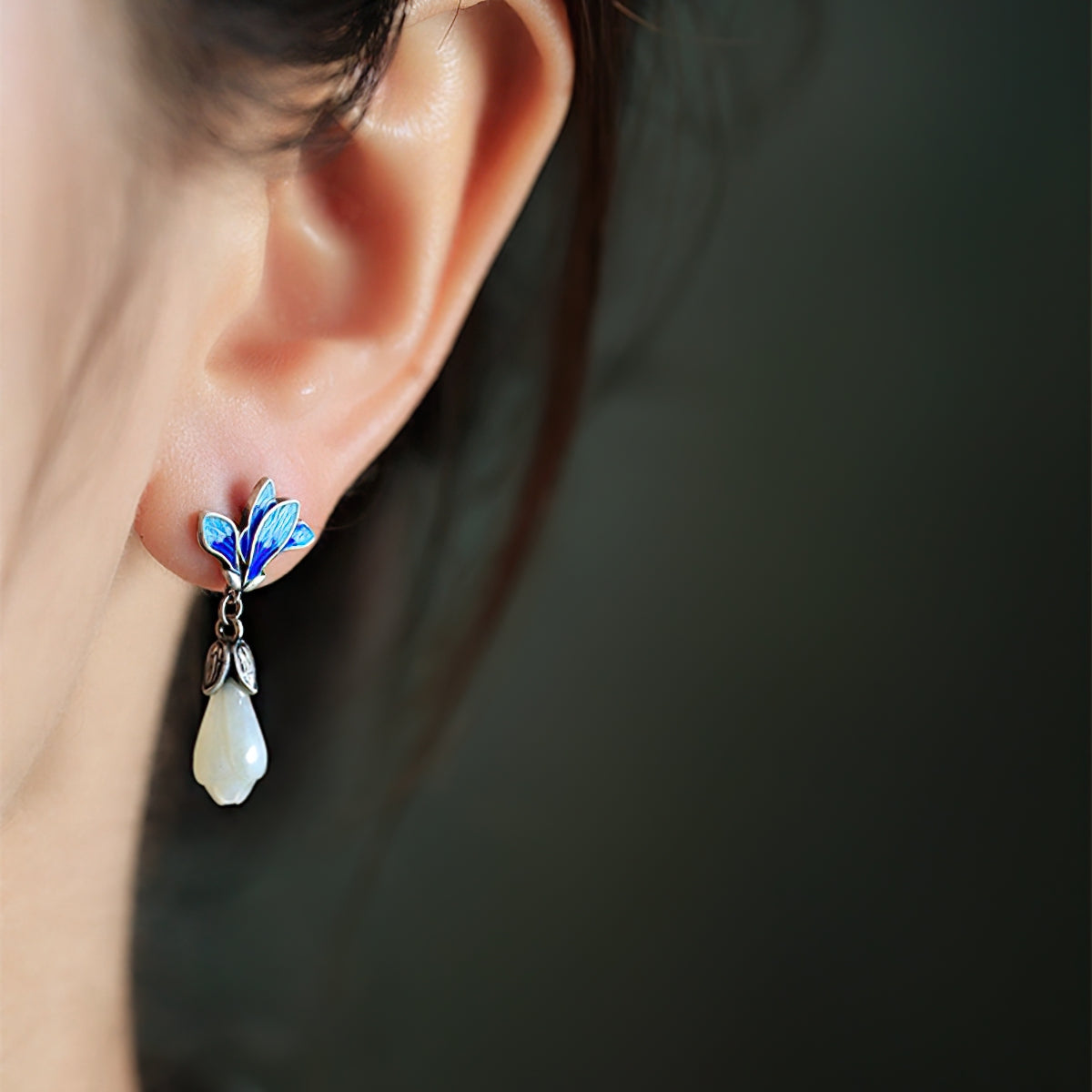 Magnolia jade-style drops earrings, close detail