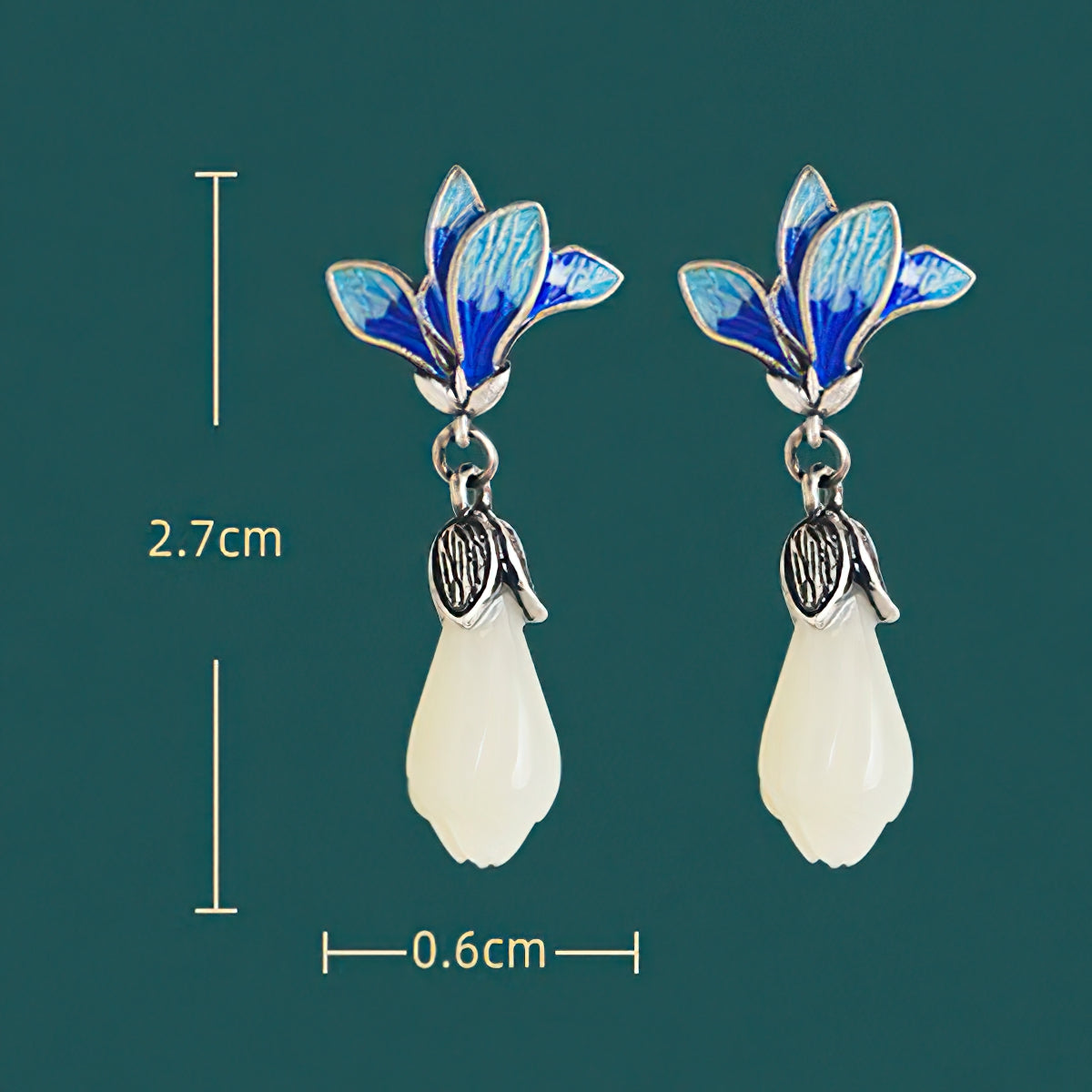 Magnolia jade-style drops earrings, paired display
