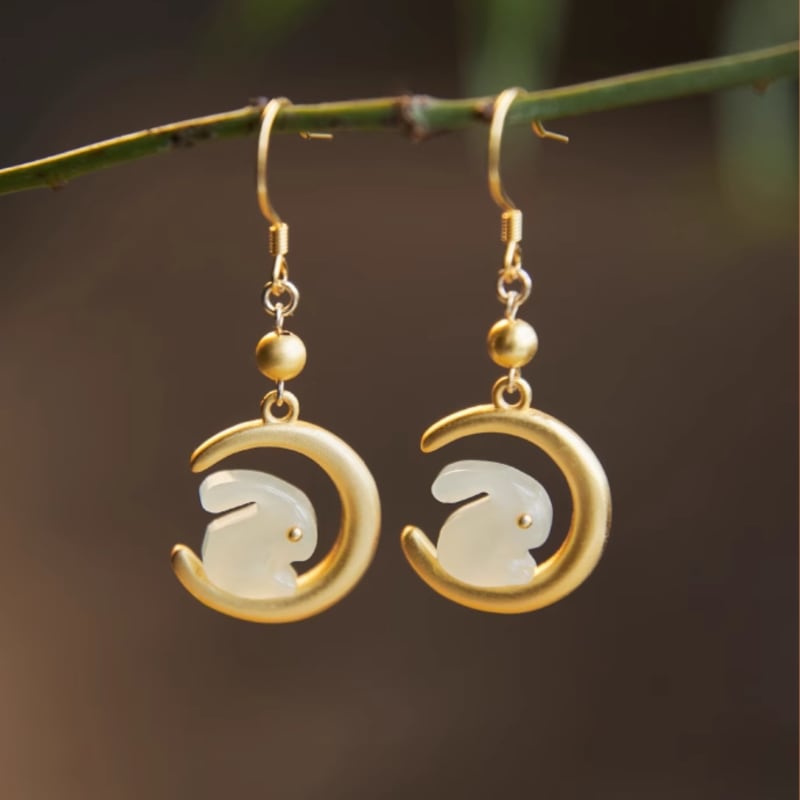 Rabbit motif jade-style drops earrings, front view