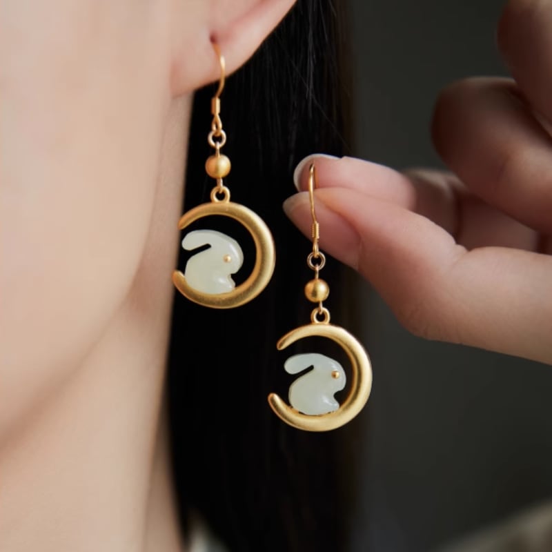 Rabbit motif jade-style drops earrings, close detail
