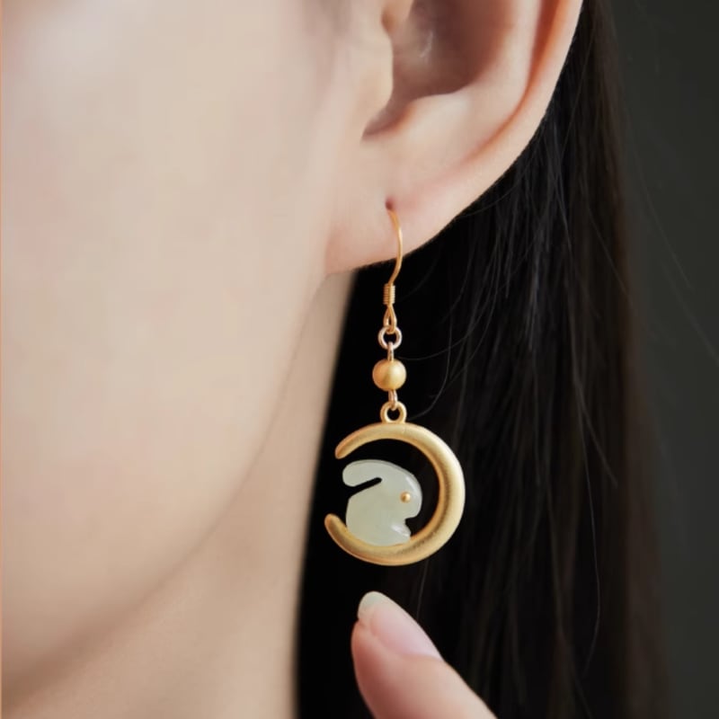 Rabbit motif jade-style drops earrings, side profile