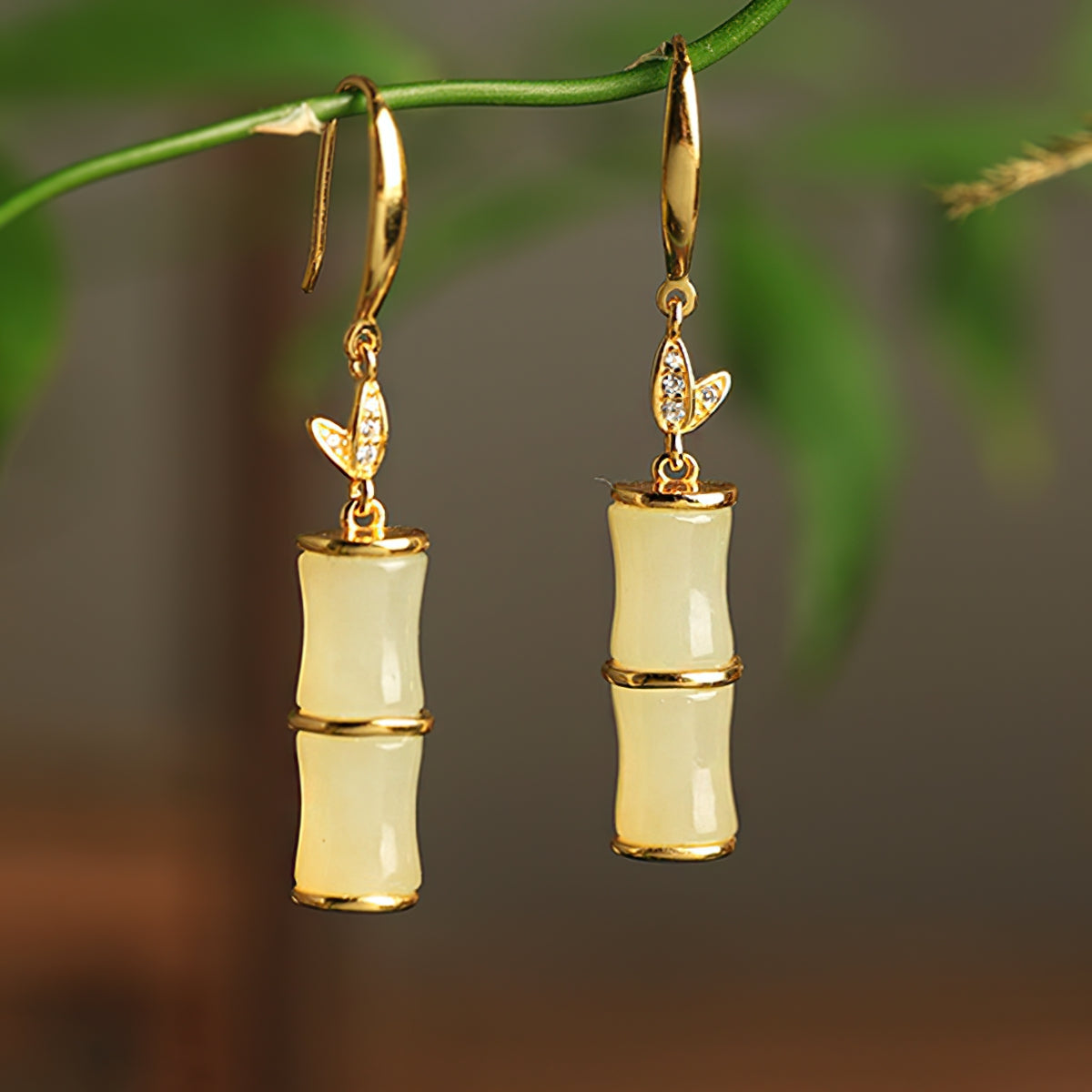 Bamboo jade-style drops earrings, front view