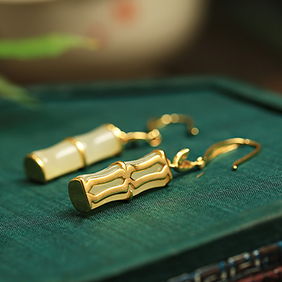Bamboo jade-style drops earrings, paired display