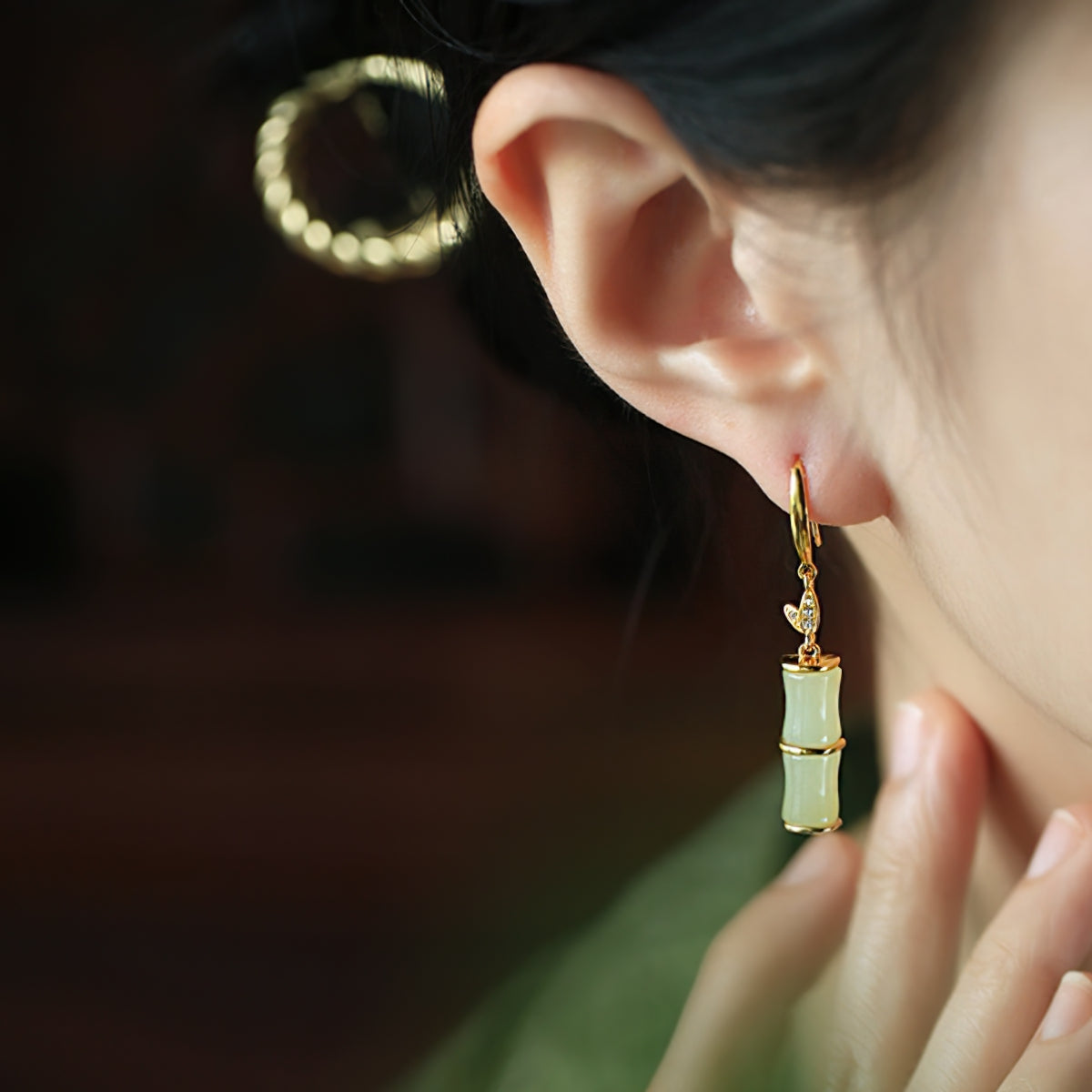 Bamboo jade-style drops earrings, close detail