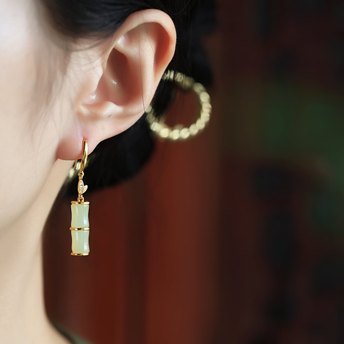 Bamboo jade-style drops earrings, side profile