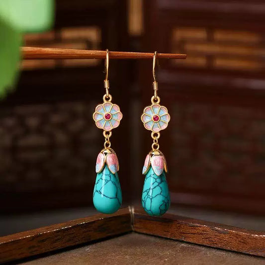 Ancient Gold Enamel Turquoise Earrings – Elegant Hanfu & Qipao Accessories
