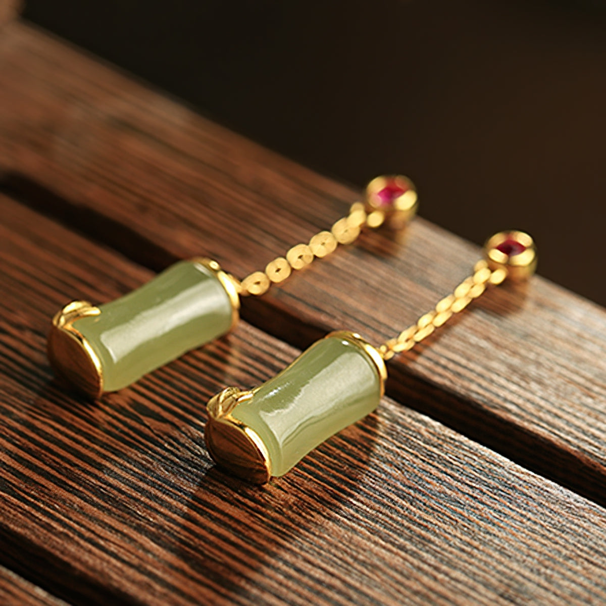Bamboo knot green drops earrings, worn styling view