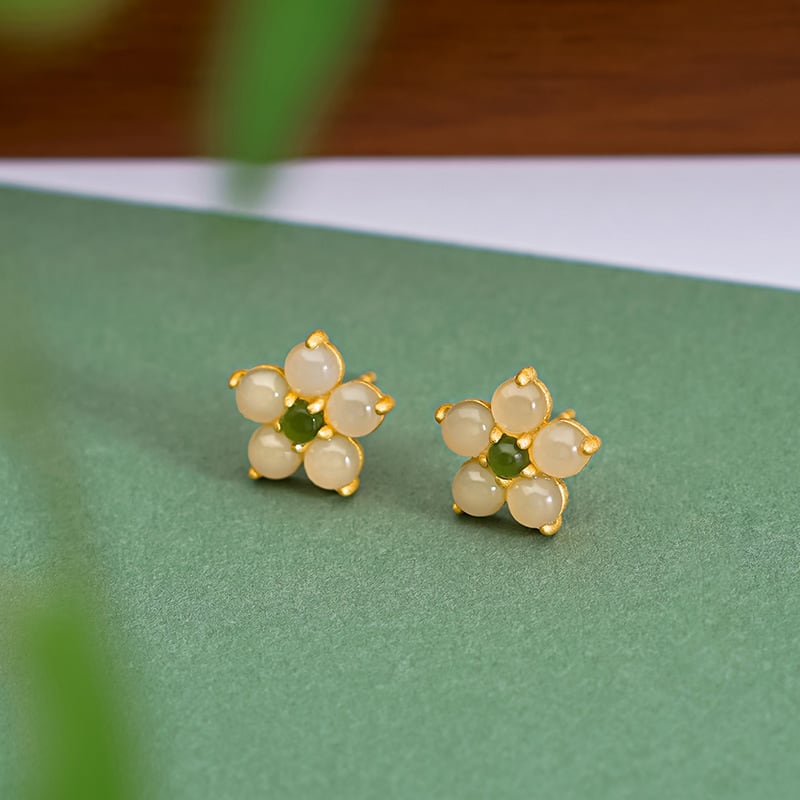 Peach blossom green studs earrings, worn styling view