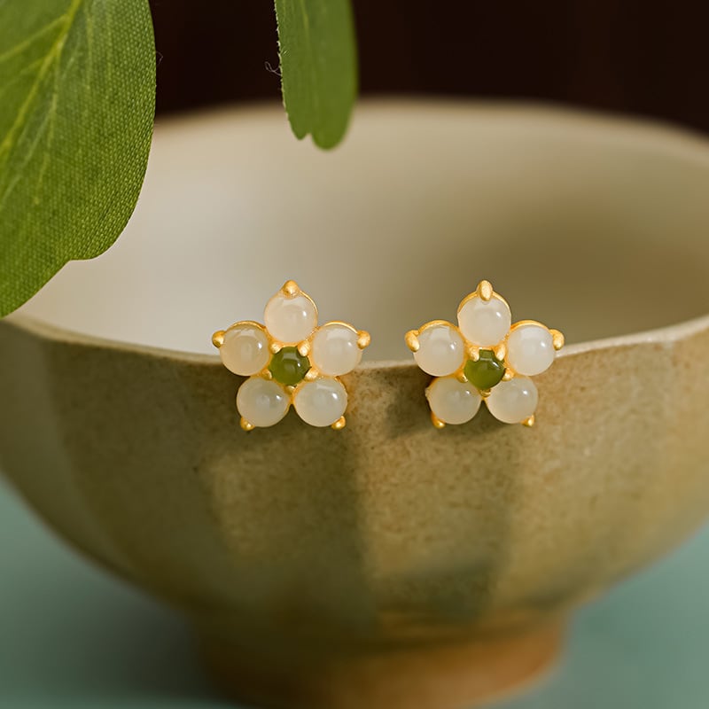 Peach blossom green studs earrings, paired display