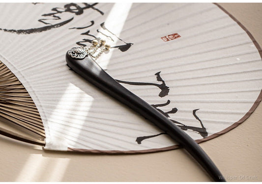 Black Ebony Lotus Hairpin with Pearl Tassels – Elegant Traditional Hair Stick