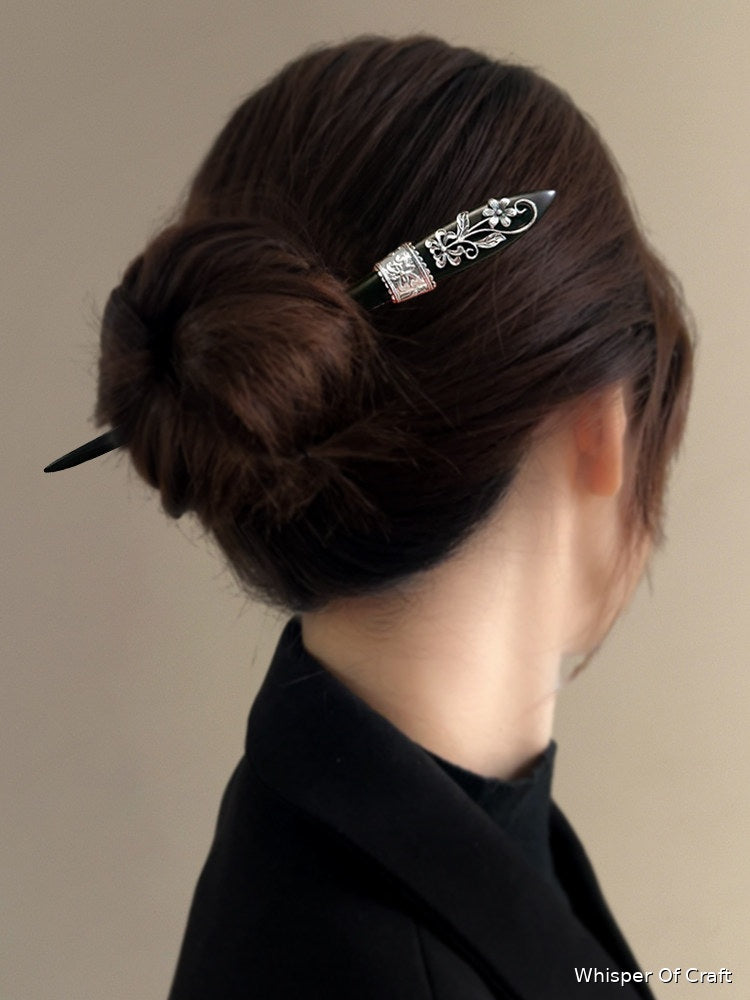 Black Floral Hair Stick with Silver Filigree – Elegant Vintage Hair Pin