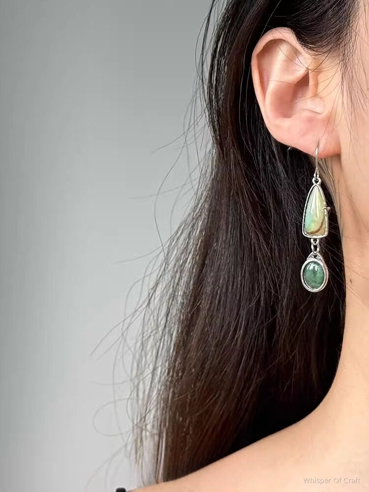 Green Natural Stone Asymmetrical Drop Earrings – Silver-Tone Statement Jewelry