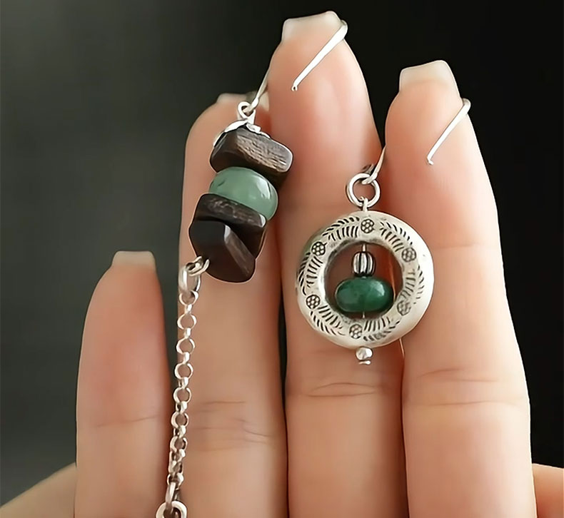Asymmetrical Agarwood & Green Stone Leaf Drop Earrings