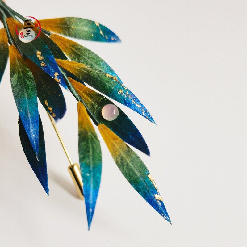 Close-up of leaf detail with textured veins and a tiny pearl accent
