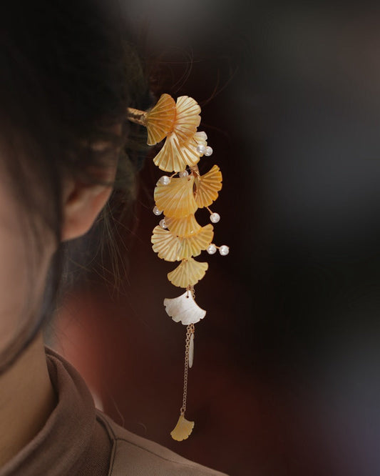 Ginkgo Leaf Step Shake Pearl Tassel Hairpin