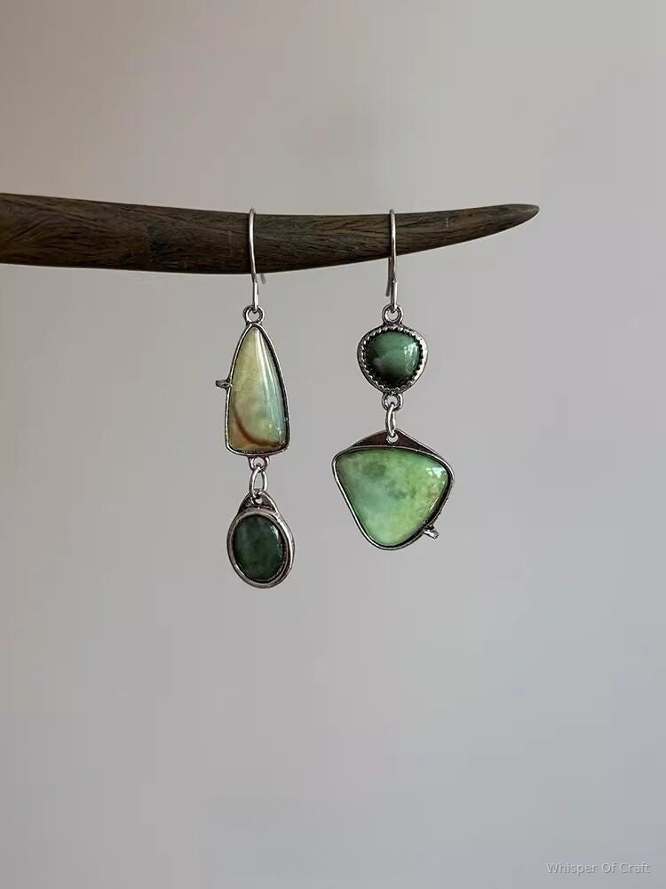 Green Natural Stone Asymmetrical Drop Earrings – Silver-Tone Statement Jewelry