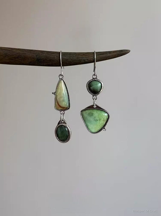Green Natural Stone Asymmetrical Drop Earrings – Silver-Tone Statement Jewelry