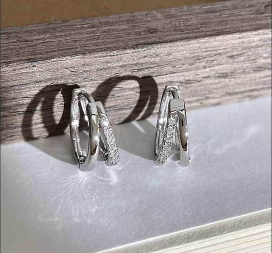 Double Layer Silver Hoop Earrings Zirconia Huggies