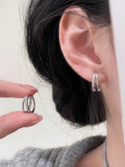 Double Layer Silver Hoop Earrings Zirconia Huggies