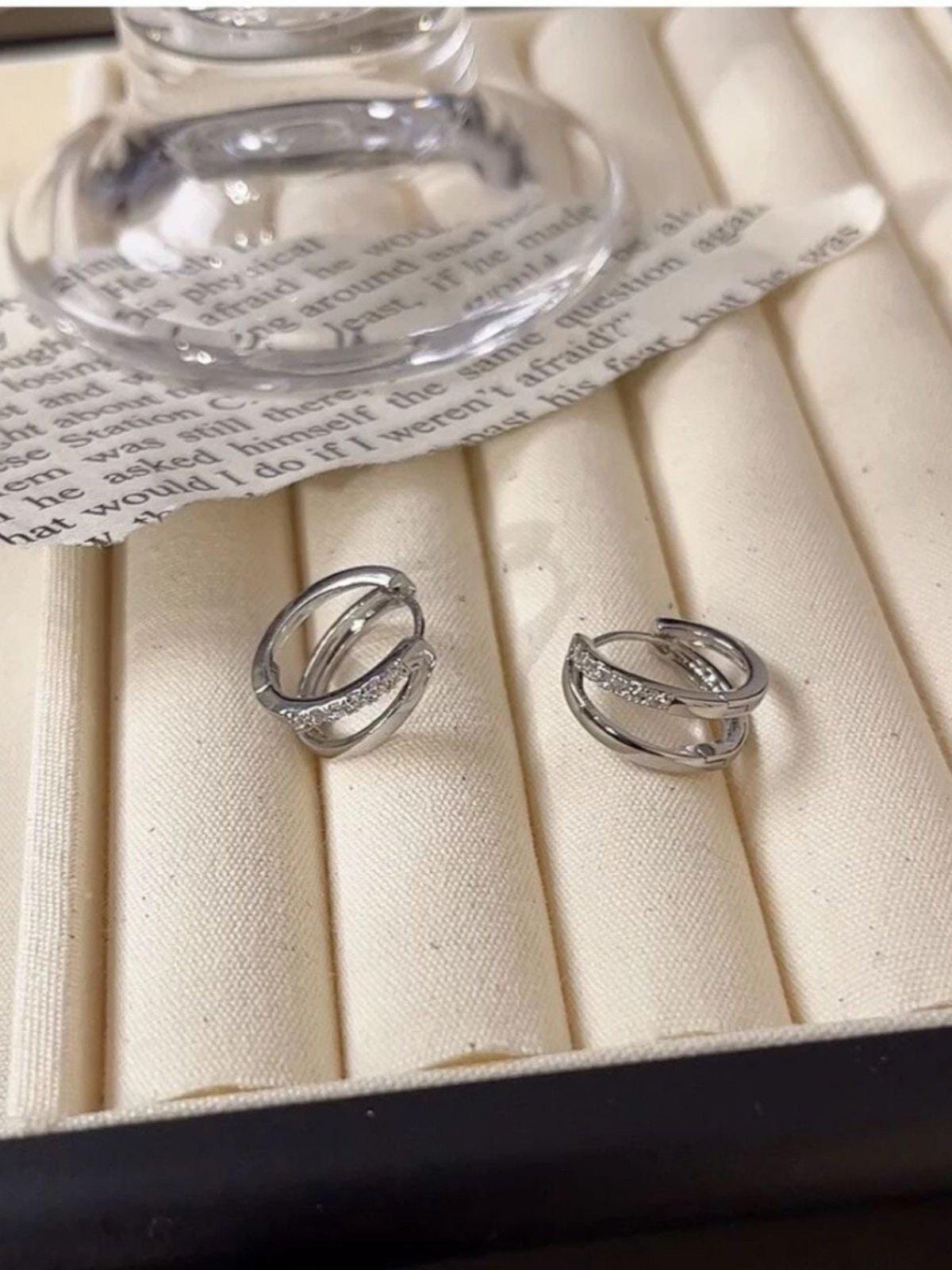 Double Layer Silver Hoop Earrings Zirconia Huggies