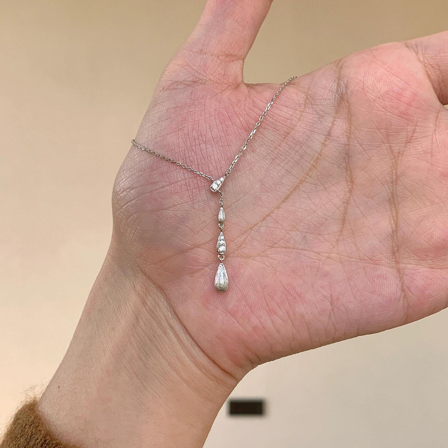 Brushed S925 Sterling Silver Zircon Water Drop Lariat Necklace