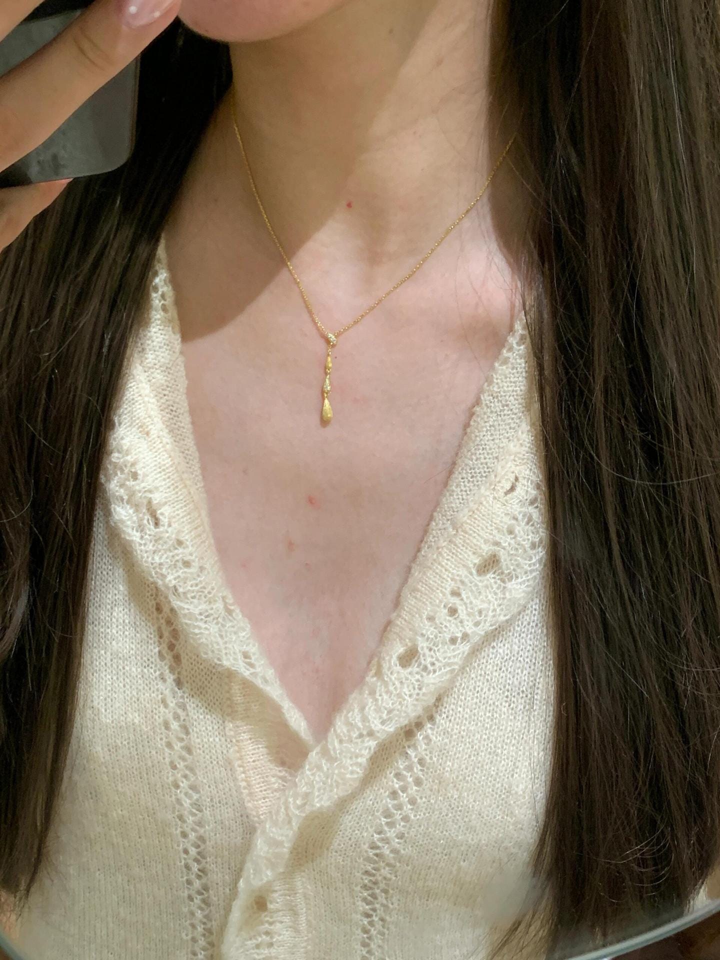 Brushed S925 Sterling Silver Zircon Water Drop Lariat Necklace