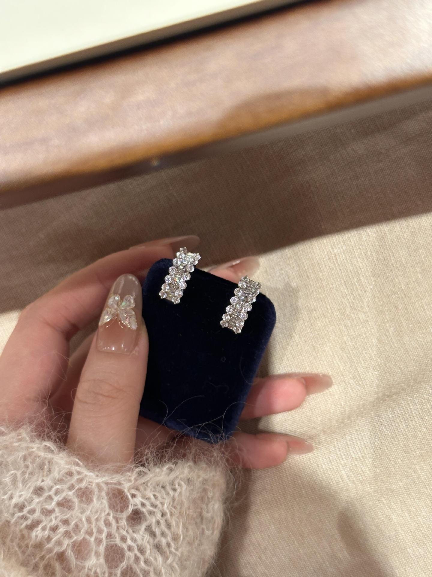 Baguette Crystal Huggie Earrings Lace Hem Silver