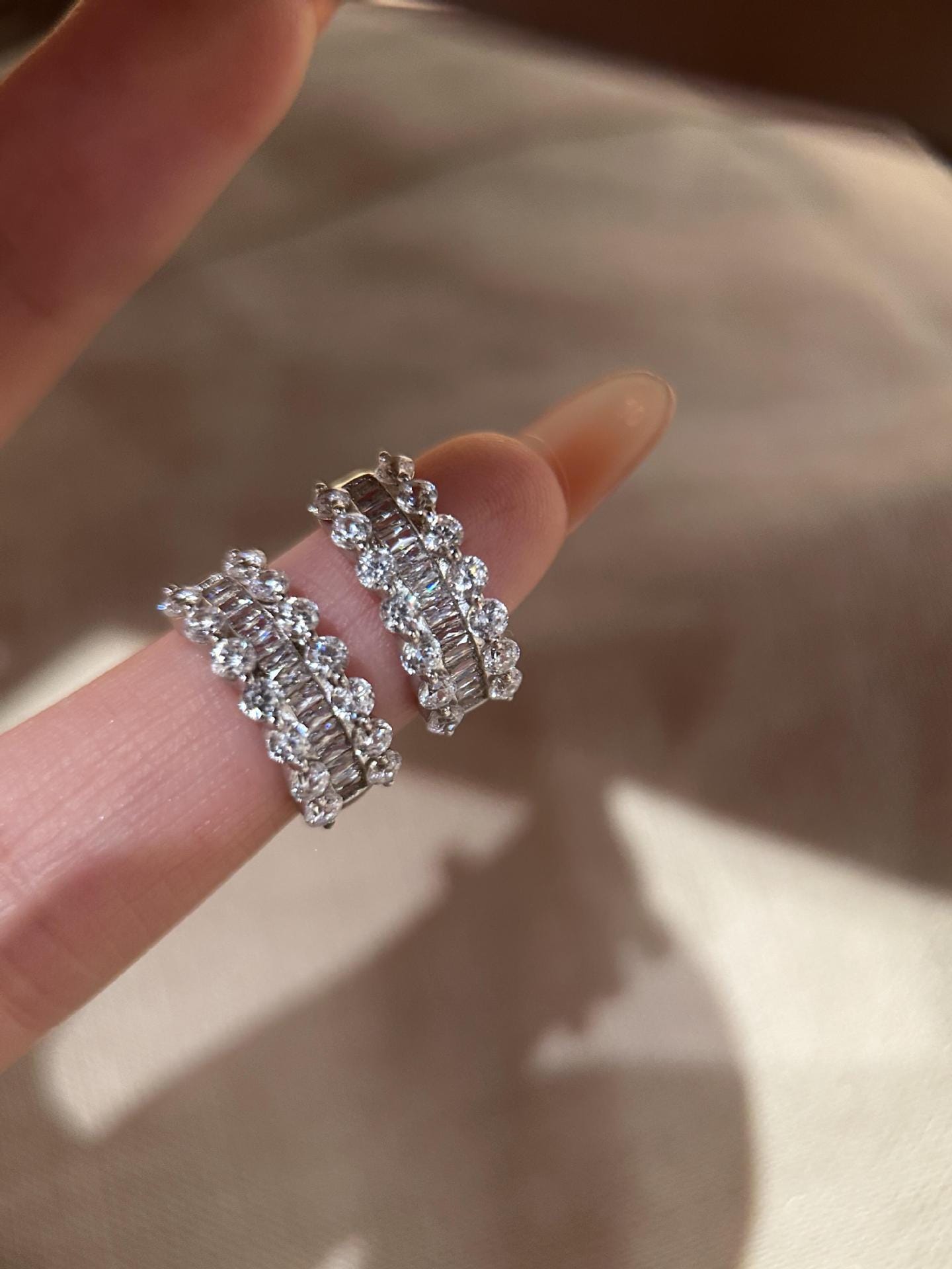 Baguette Crystal Huggie Earrings Lace Hem Silver