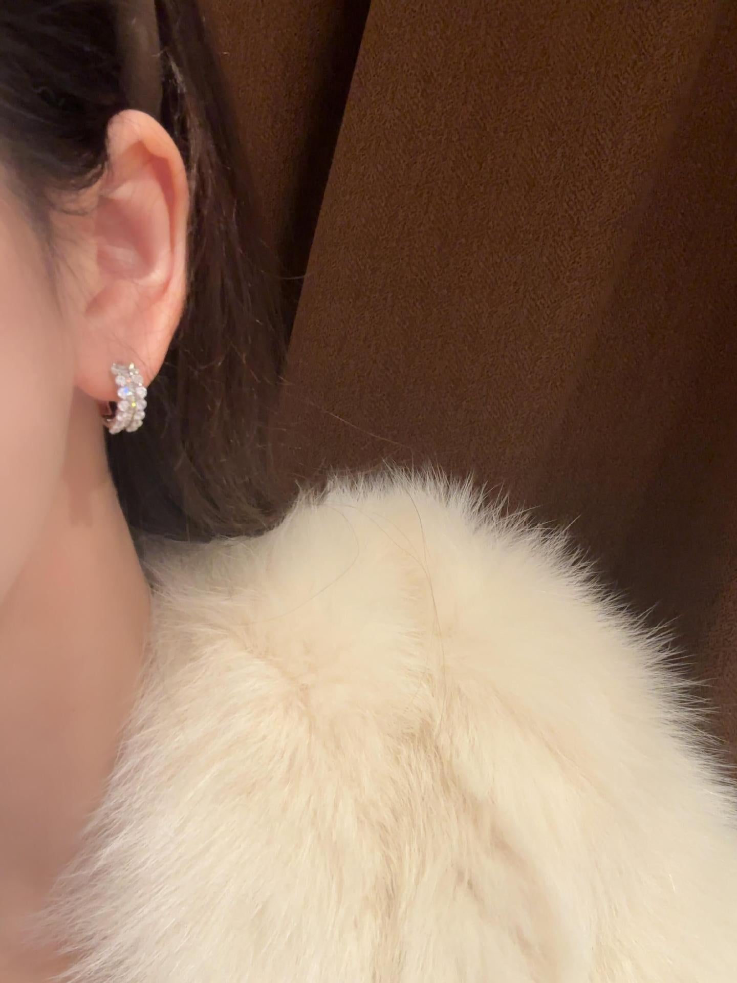 Baguette Crystal Huggie Earrings Lace Hem Silver