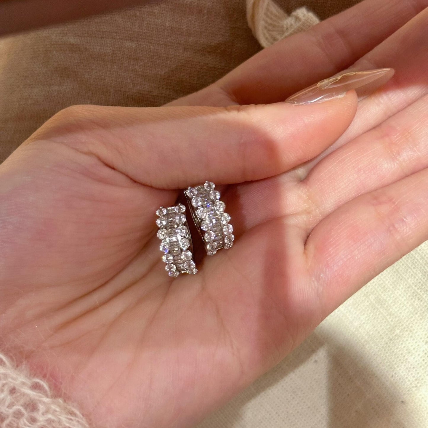 Baguette Crystal Huggie Earrings Lace Hem Silver