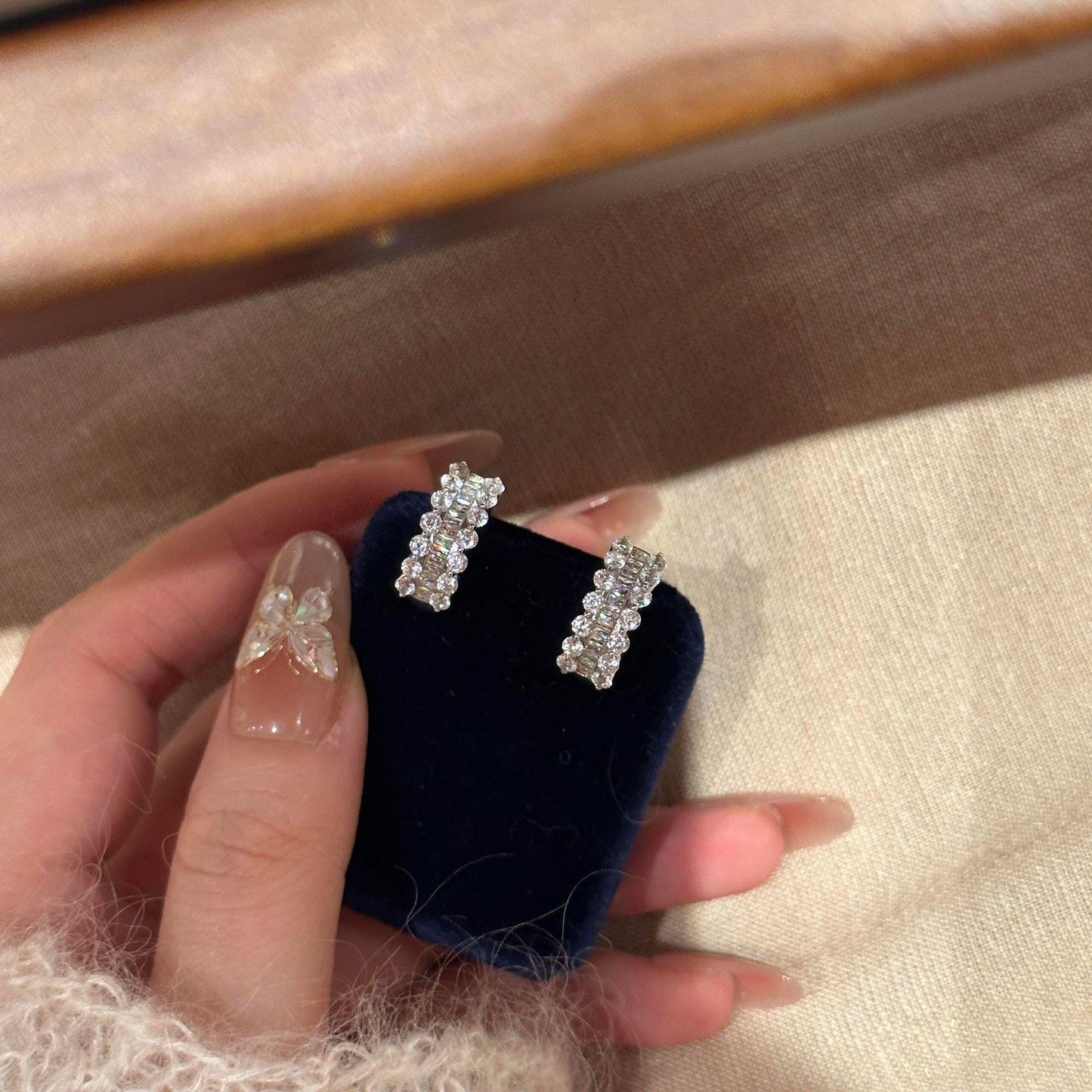 Baguette Crystal Huggie Earrings Lace Hem Silver