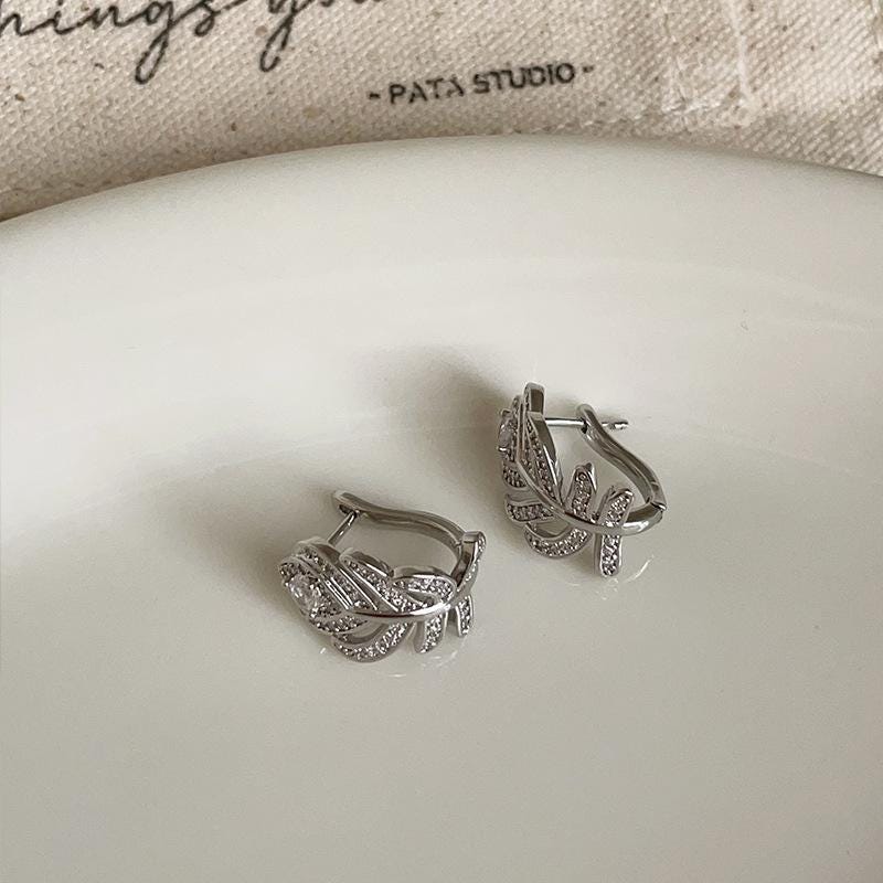 Sterling Silver Leaf Crystal Stud Earrings