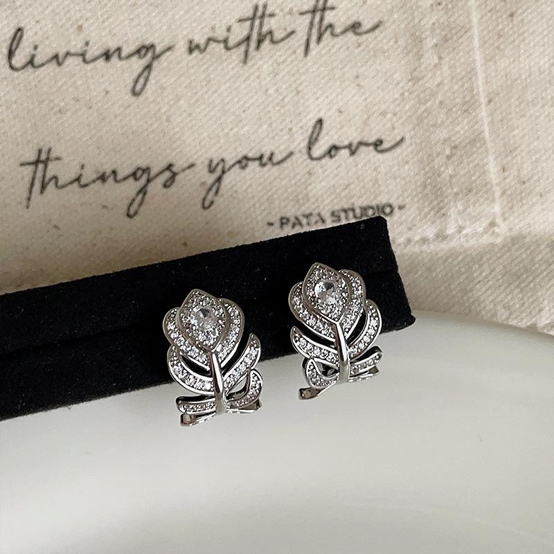Sterling Silver Leaf Crystal Stud Earrings