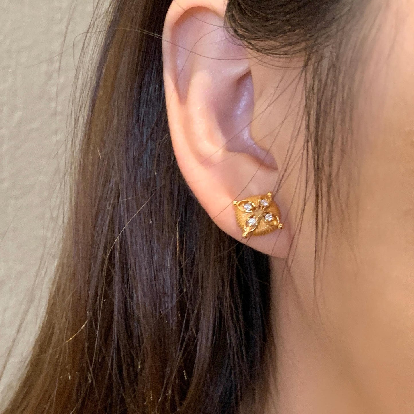 S925 Sterling Silver Gold Plated Floral Crystal Stud Earrings