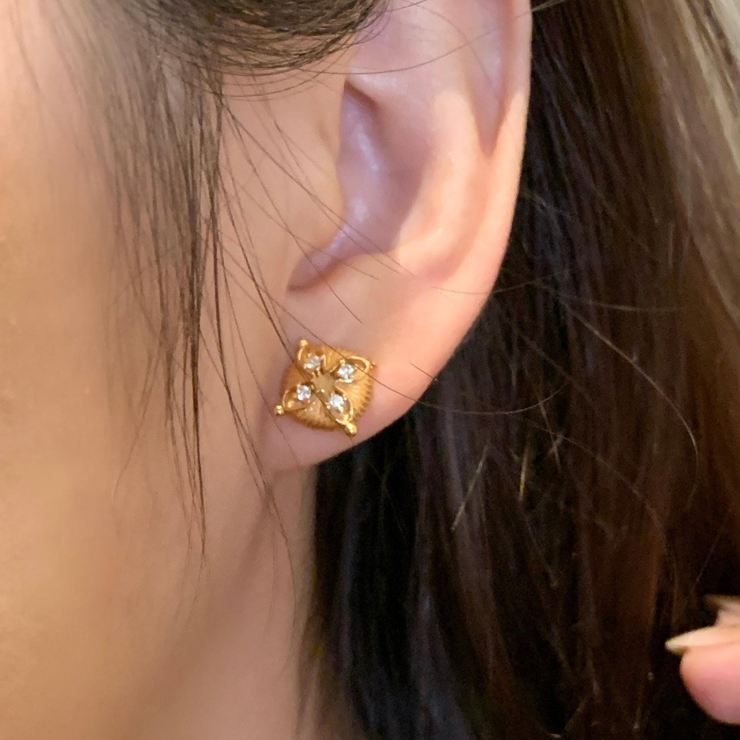 S925 Sterling Silver Gold Plated Floral Crystal Stud Earrings