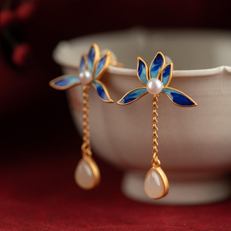 S925 Sterling Silver Enamel Lotus Pearl Drop Earrings