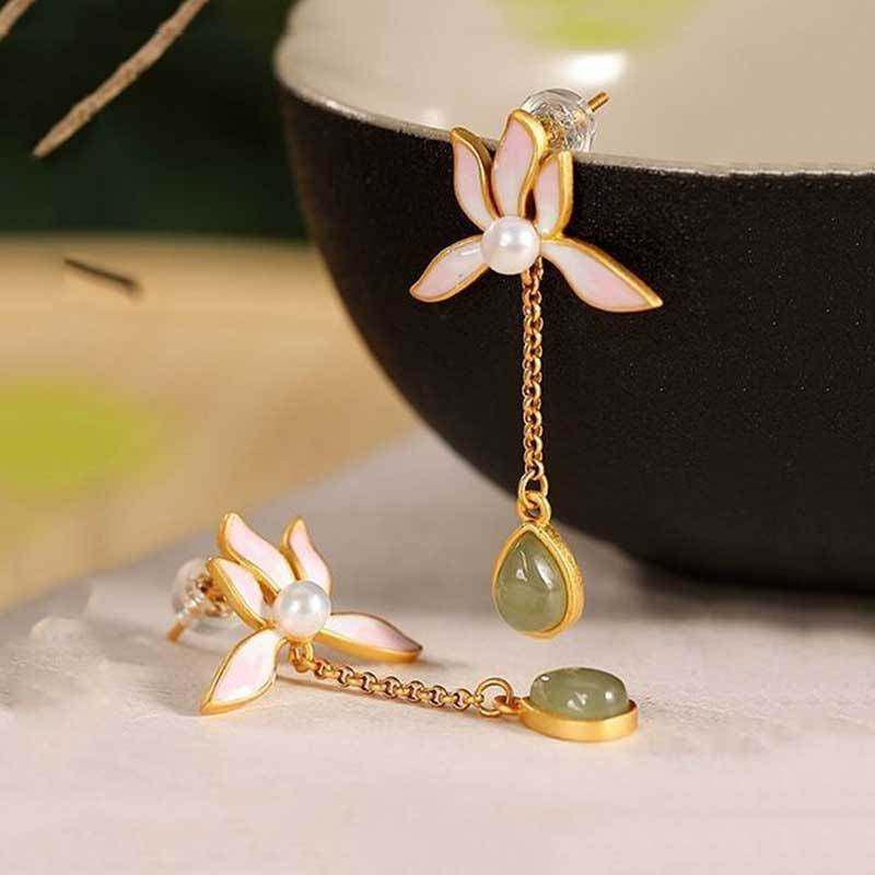S925 Sterling Silver Enamel Lotus Pearl Drop Earrings