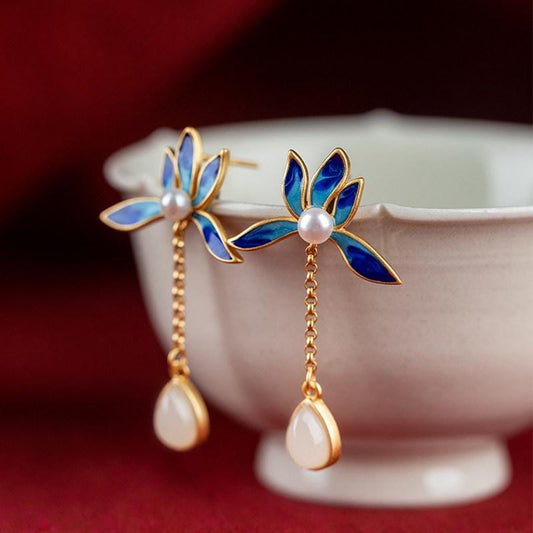 S925 Sterling Silver Enamel Lotus Pearl Drop Earrings
