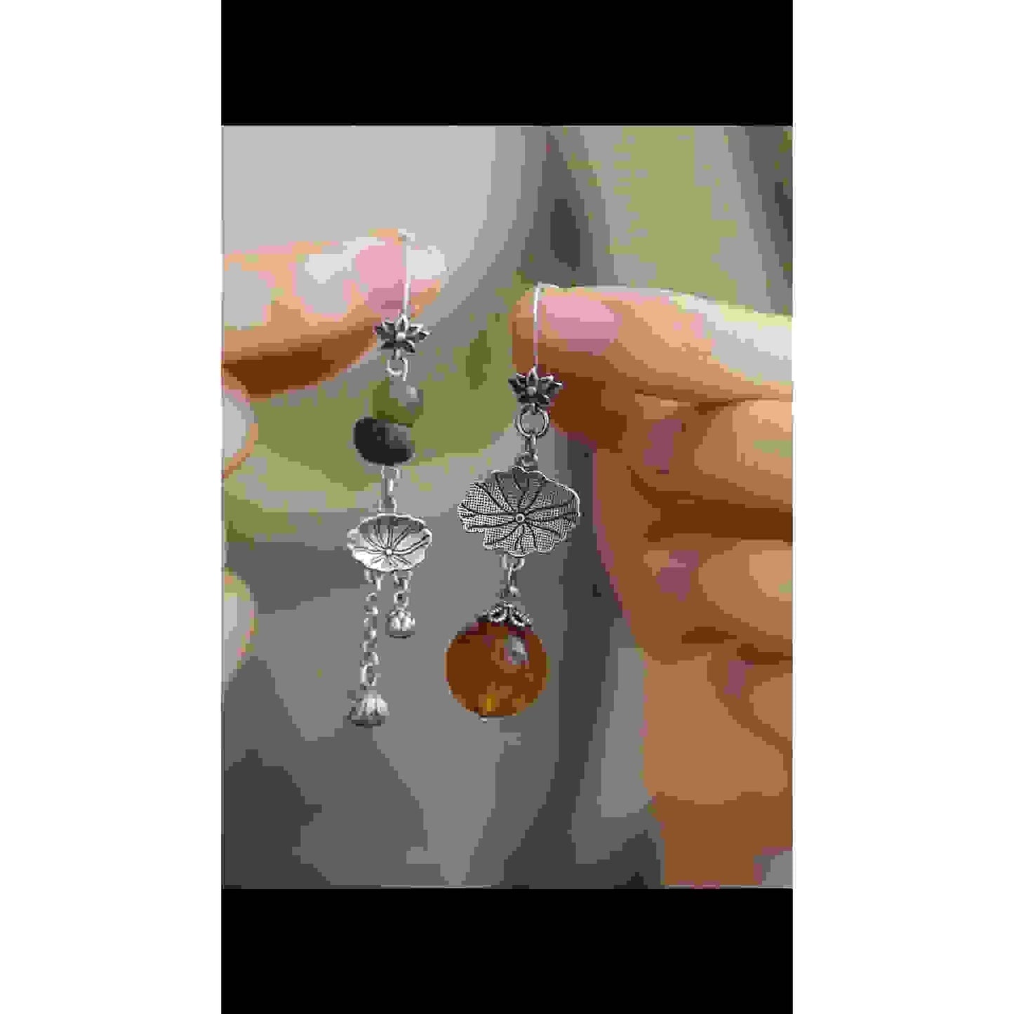 Antiqued Copper Asymmetric Lotus Leaf and Seed Pod Earrings