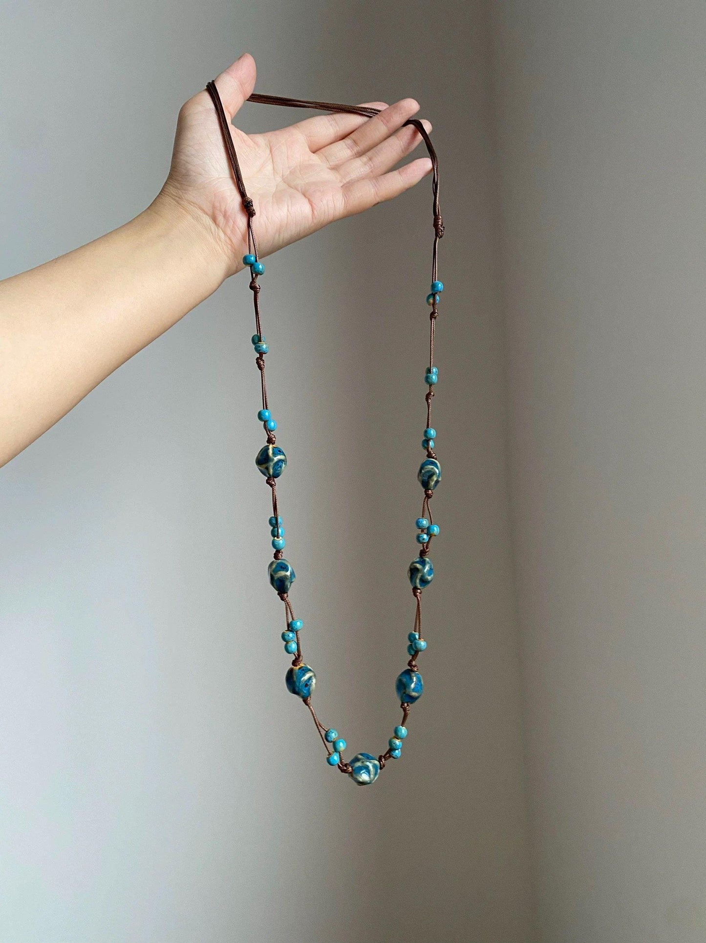 Handwoven Blue Ceramic Bead Long Adjustable Necklace