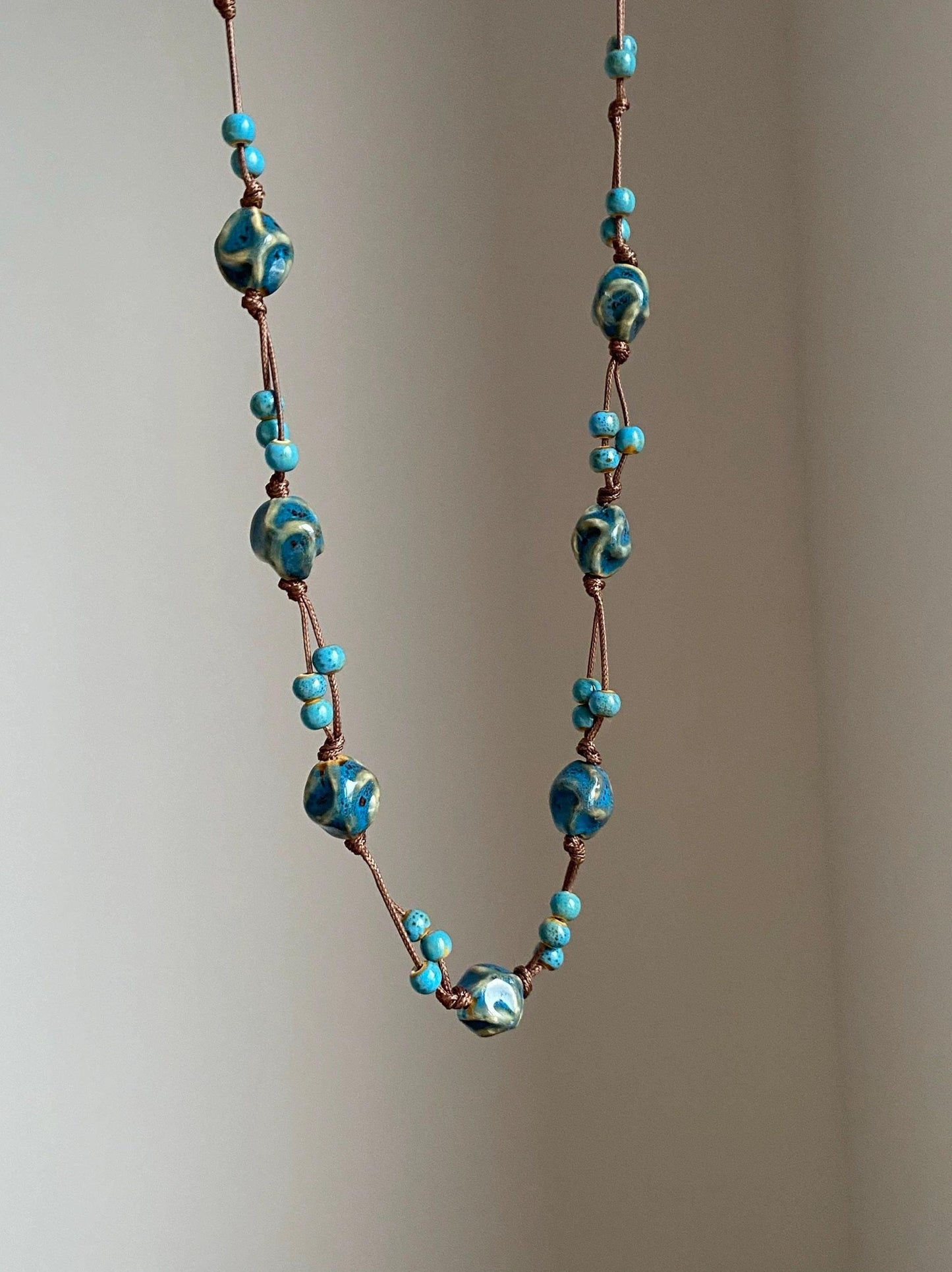 Handwoven Blue Ceramic Bead Long Adjustable Necklace