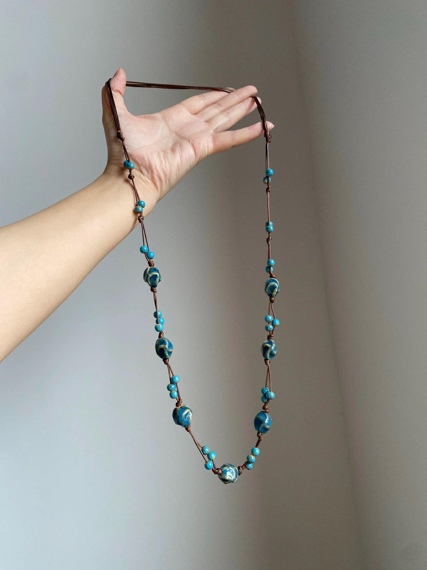 Handwoven Blue Ceramic Bead Long Adjustable Necklace