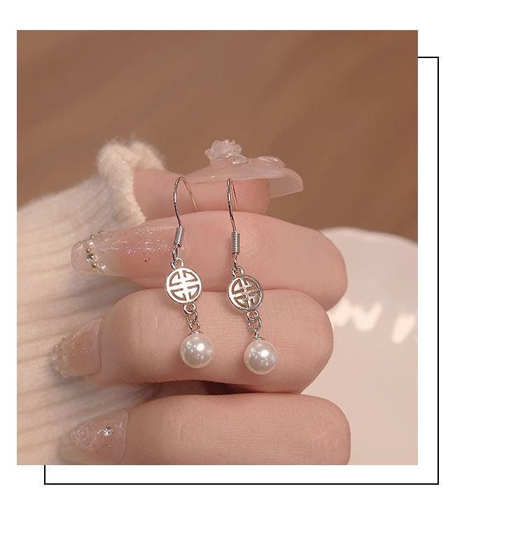 S925 Sterling Silver Double Happiness Pearl Drop Earrings